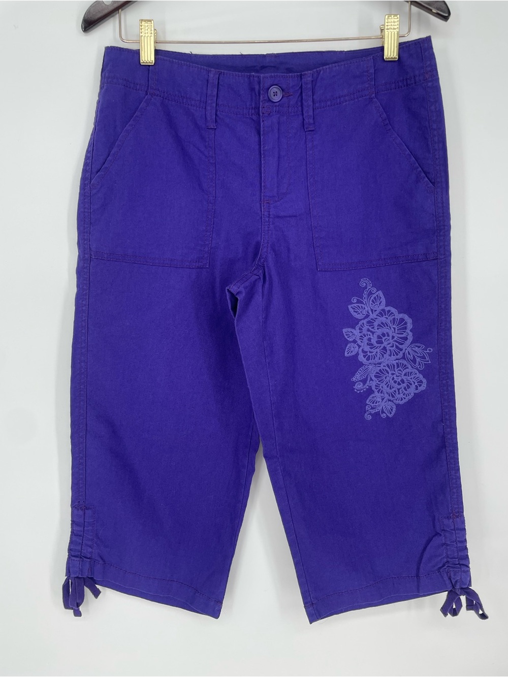 Y2K Purple Linen Cotton Cargo Style Capris Drawstring Ruched Hem Embroidery